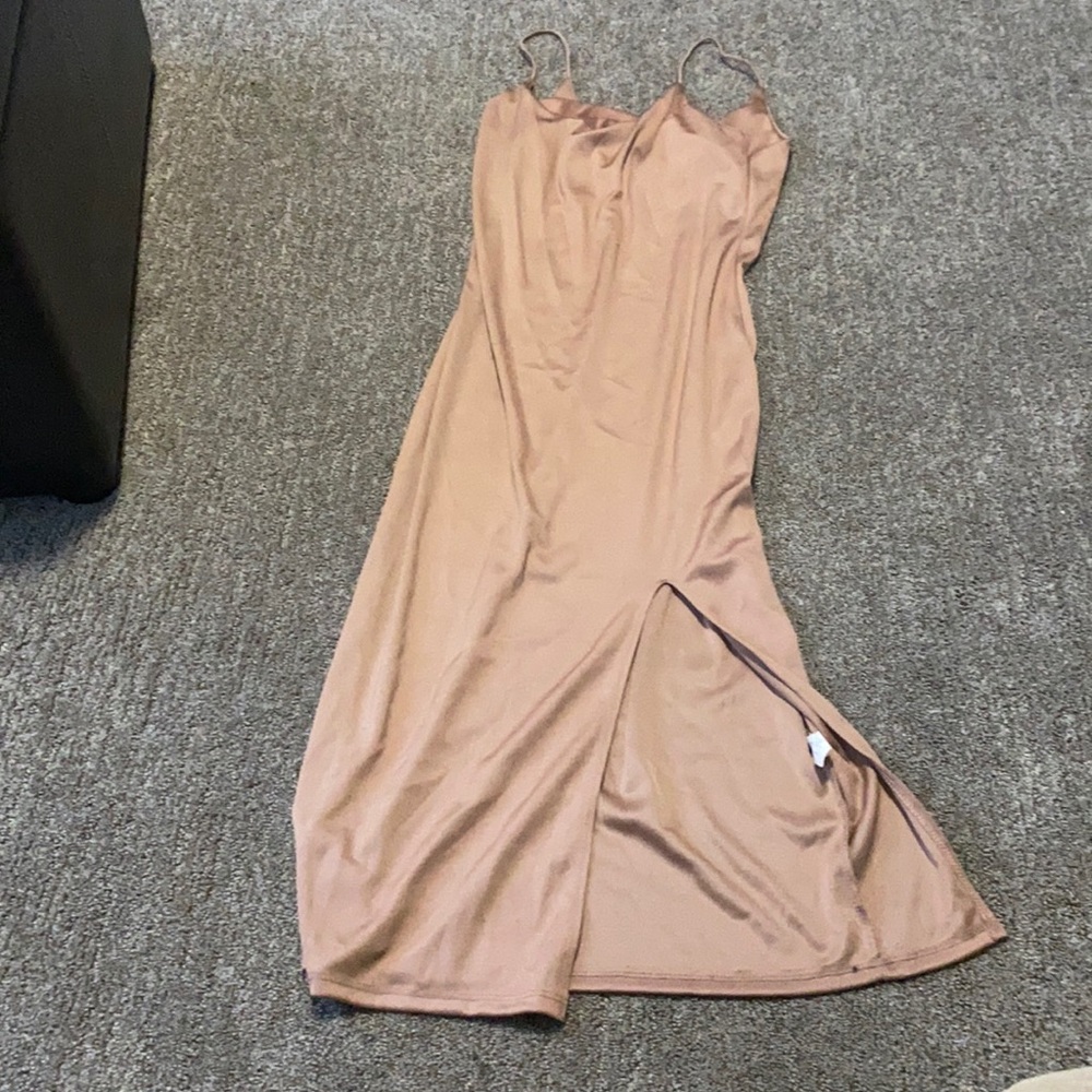 Strappy bronze midi dress with a little slit. Size large.